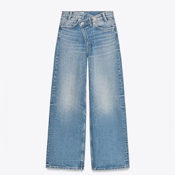 Zara The High Waist Crossover Waist Wide Leg Full Length Jeans 4 - Picture 4 of 16